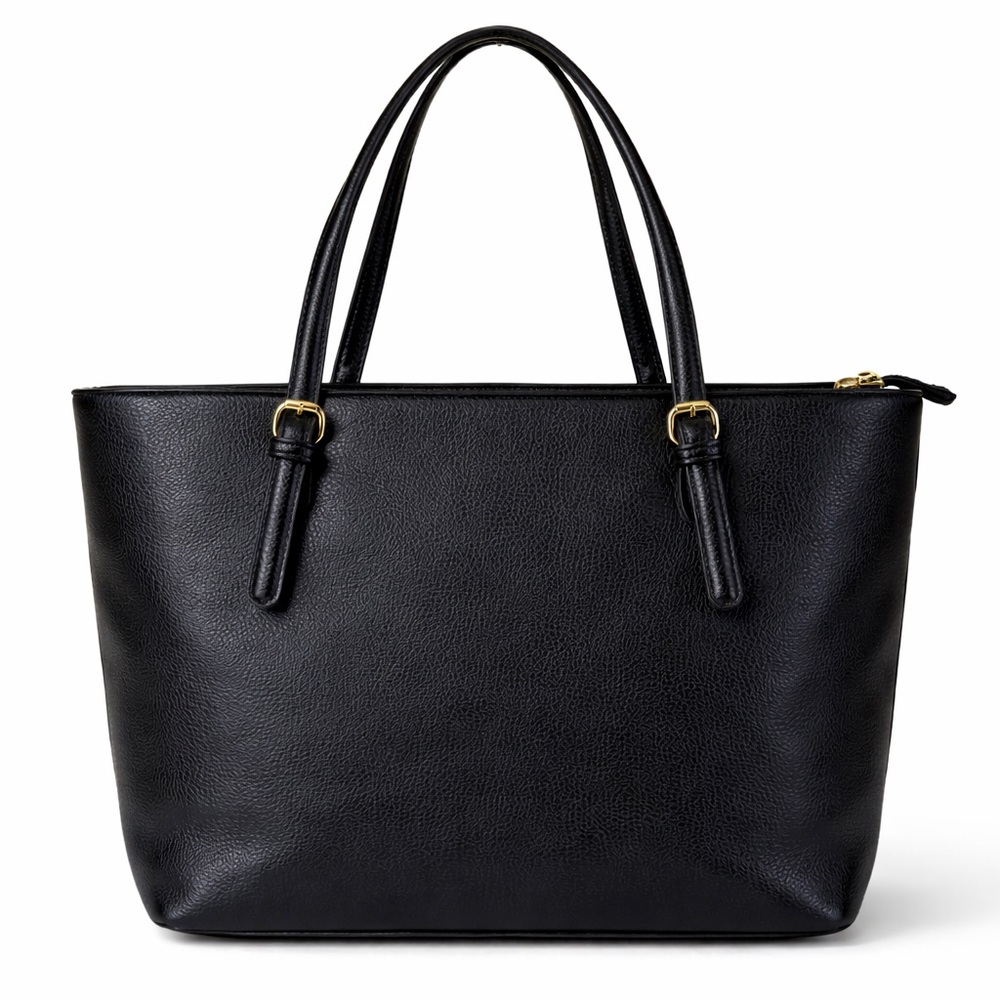 Anne Klein Black Pebbled Leather Tote Gold Lion Medallion - Picture 2 of 5